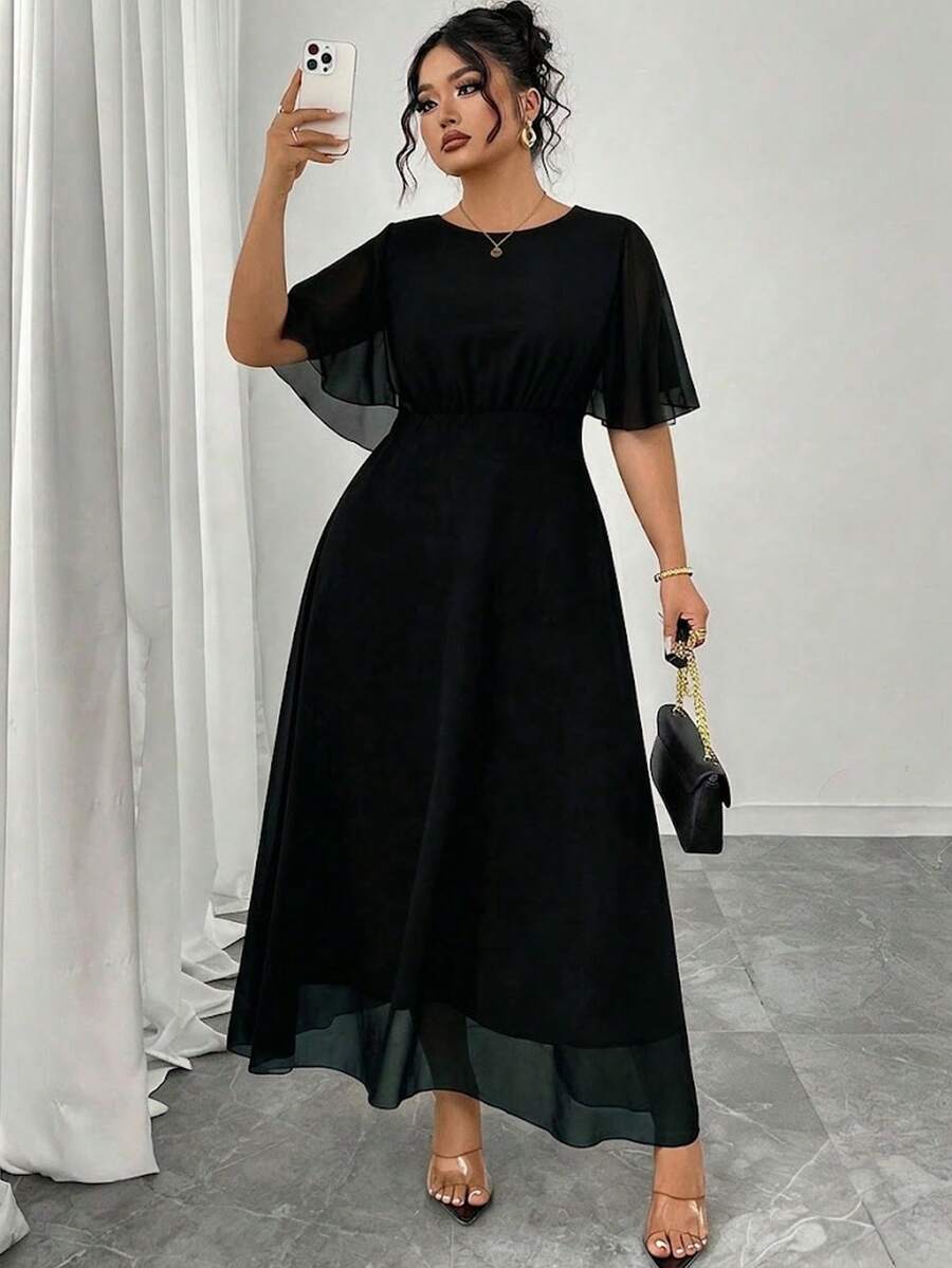 Modelyn 女款大尺碼優雅春夏季圓領荷葉邊喇叭袖修身垂墜雪紡洋裝 - 黑色 - 查看 1