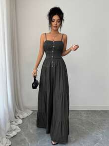 Elenzga Women's Solid Color Pleated Faux Denim Button Strap Sleeveless Ruffle Jumpsuit - Black - View 5