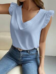 SHEIN Raffinéa Women's Solid Color Contrast Lace V-Neck Flutter Sleeve Blouse - Blue - View 3