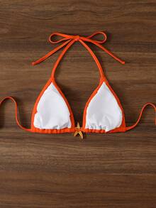 Swim Mod 女款純白色針織掛脖露背綁帶式一件式泳衣上衣，適合海灘夏季穿搭 - 亮橙色 - 查看 2