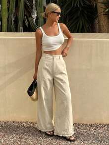 DAZY Solid Color Loose Pleated Ruffle Wide Leg Pants Casual Vacation Summer Women's Long Pants - Apricot - View 4