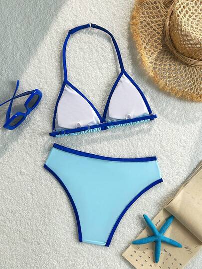 SHEIN Tween Girls Bikini Sets, Navy Blue And White Colorblock Solid Color High Elasticity Skin-Friendly Soft Smooth Fabric Two-Piece Halter Neck Triangle Cup Bikini Top High Waist Triangle Swim Bottoms Set, Classic Sporty Style Suitable For Tween Girls Swimming Beach Photos Summer Seaside Vacation Pool Water Play Fashion Casual Exquisite Suitable For Swimming Suitable For Summer Vacation Summer Beach Seaside Pool Swimming Pool Summer Vacation Party Casual Vacation
