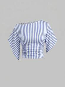 SHEIN EZwear 女款 95% 棉藍白條紋針織蝙蝠袖短版 T-shirt；西部節慶；春夏海灘；Isla - 彩色 - 查看 4