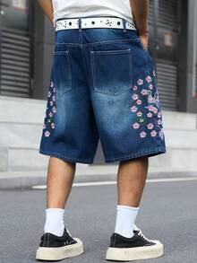 Manfinity EMRG 男士街頭風休閒刺繡藍色牛仔短褲 - 深色水洗藍 - 查看 3