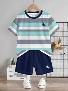 Young Boy Casual Minimalist T-Shirt Set, Classic Striped Color Block Patchwork Pattern Print, Exquisite Small Logo Knight Pattern Print, Suitable For Summer, Suitable For Campus - Multicolor - View 3