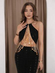 Firerie 女款夏季優雅浪漫精緻性感辣妹海灘度假音樂節派對亮片流蘇鏤空透視金屬掛脖露背深綠色修身長版毛衣洋裝 - 黑色 - 查看 8