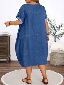 EMERY ROSE Plus Size Women's Summer Pocket Denim Dress - Dark Wash - View 2
