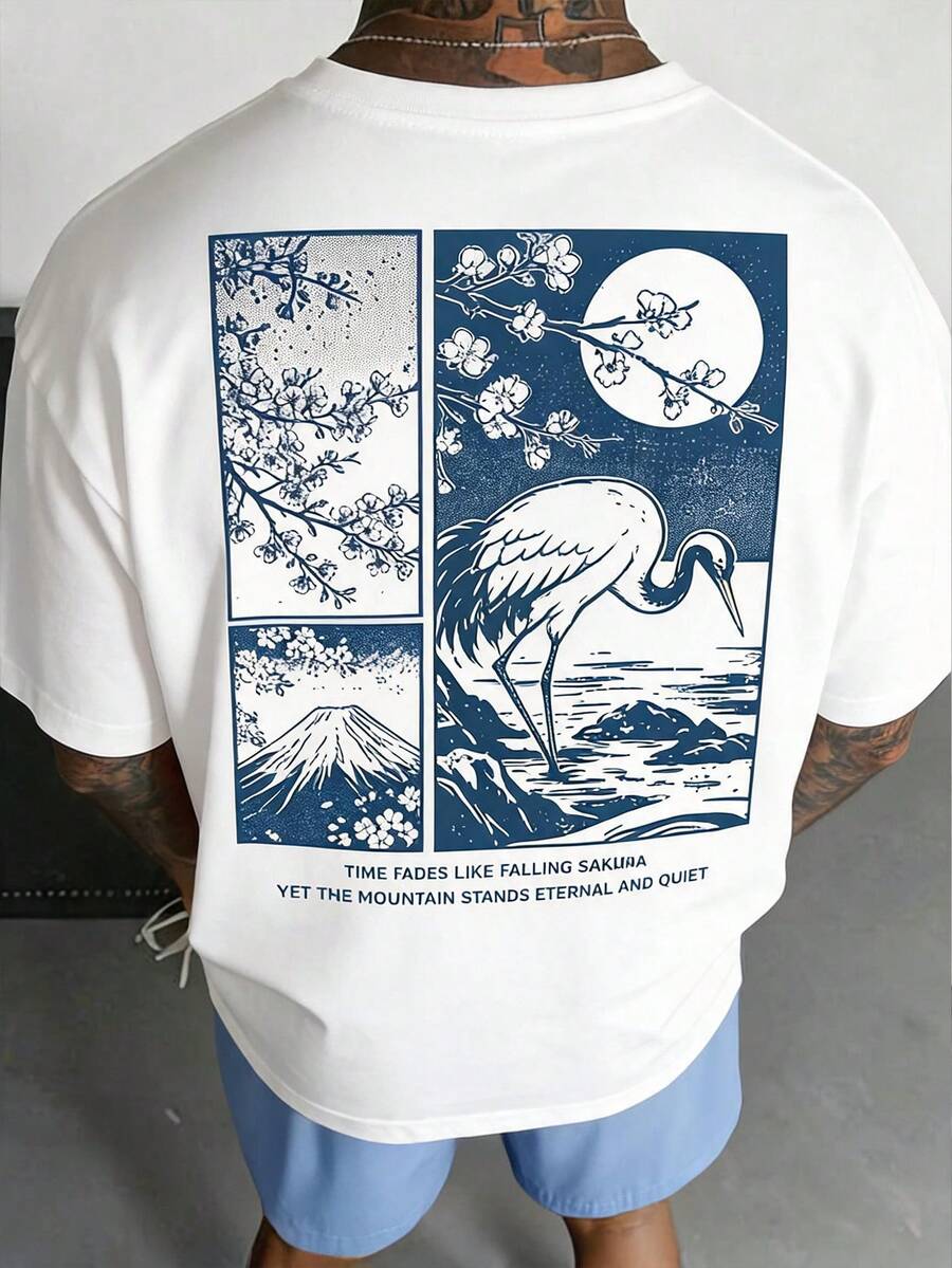 Torvinic Plus Size Casual Fashion Japanese Style Cherry Blossom & Mount Print Blue & White T-Shirt & Shorts Set - Multicolor - View 1
