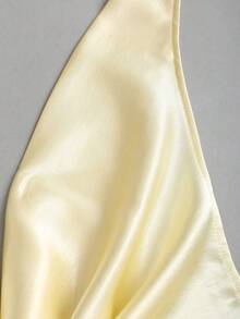Sweetra Women's New Fashion Versatile Cream Satin Glossy Halter Neck Deep V Pleated Cinched Waist Backless High-End Short Dress - Light Yellow - View 4