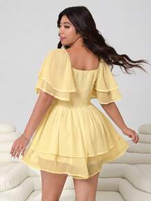 Solflare Plus Size Women's Solid Color Ruffle Sleeve Square Neck Pleated High Waist Jumpsuit - Pale Yellow - View 3