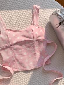 CovetEZ 女款夏季休閒圓點印花無袖牛仔上衣 - 粉色 - 查看 5