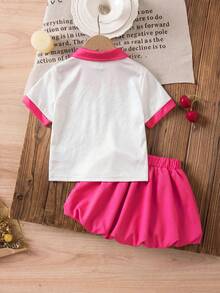 SHEIN Baby Girl Two Pieces Sets White Pink Polo Shirt And Pleated Skirt Summer Casual Sporty - Hot Pink - View 2