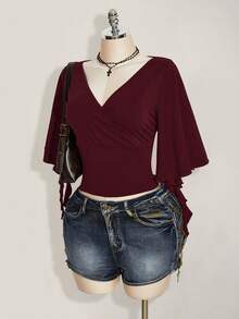 SHEIN ICON Women's Plus Size Cross V-Neck Ruffle Short Sleeve Casual T-Shirt - Red Violet - View 4