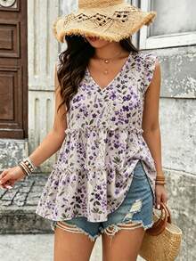 EMERY ROSE Plus Size Woven Floral V-Neck Flutter Sleeve Ruffle Patchwork Elegant Vacation Outing Daily Spring Summer Blouse - Purple - View 5