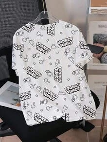 LOONEY TUNES X SHEIN Camiseta de manga corta con cuello redondo y gráfico de letra y dibujo animado para niño preadolescente - Blanco - Ver 2