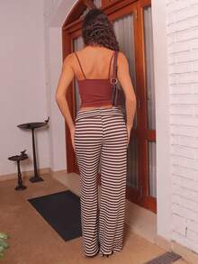 juhmazzocco Women's Casual Striped Fold-Over Waist Wide Leg Pants, Summer - Coffee Brown - View 2