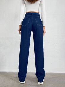 EURMUSE Jeans de pierna recta con bolsillos inclinados 100% de algodón - Azul Marino - Ver 2