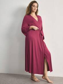 Ocili Comfortable Soft Minimalist Long Sleeve Plus Size Robe Lounge Mint Green Autumn - Red Violet - View 6