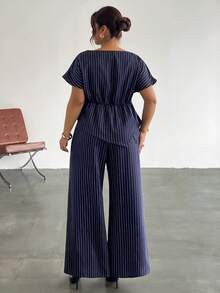 Firerie Plus Size Women's Striped Top And Long Pants Casual Everyday Set Fall/Winter - Navy Blue - View 3