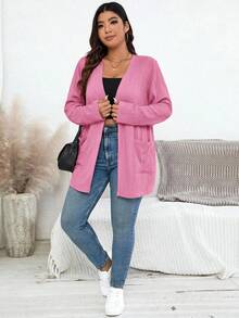 SHEIN Essnce Plus Size Women's Elegant Commuter Autumn Double Pocket Design Jacquard Long Sleeve Cardigan Fall - Hot Pink - View 5