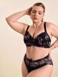 Hourtrue Plus Size Women 2pcs Romantic Lace Bra Set, Simple Casual Bra + Panty Set, Lift - Multicolor - View 9