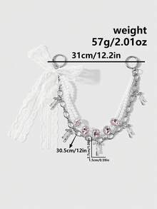 ROMWE Kawaii 1個彩色粉白手工串珠仿珍珠焊接爪鏈亮鑽蕾絲蝴蝶結DIY鑰匙圈包包吊飾，女孩日常配戴 - 粉白色-13 - 查看 3