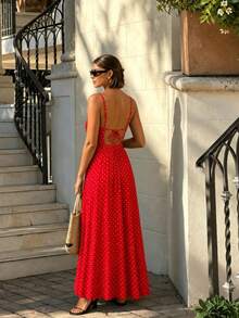 Cévolie Petite Women's Vacation Polka Dot Print Casual Camisole Dress - Bright Red - View 4
