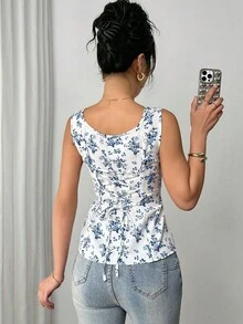 Rafferiza Fabric Print Collarless Ruched Tie Waist Sleeveless Women Blouse - Blue - View 2