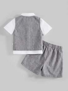 SHEIN 3 pezzi Set completo da gentiluomo per ragazzi pre-adolescenti, camicia polo bianca, gilet e pantaloni eleganti per casa, uscita, festa, celebrazione, evento serale, esibizione, matrimonio, elegante, ospite di matrimonio, paggio, portatore di anelli, matrimonio - Grigio Scuro - Visualizzare 2