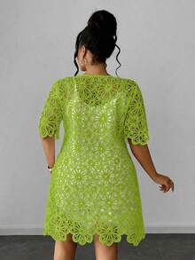 Maweii Robe élégante à manches courtes, col rond, couleur unie et ajourée, grande taille - Jaune moutarde - Voir 2
