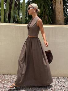 DAZY Spring/Summer New Textured Design Sleeveless Top Skirt Set Women's 2 Pieces Outfit Vacation Coffee Brown Elegant Minimalist - Brown - View 5