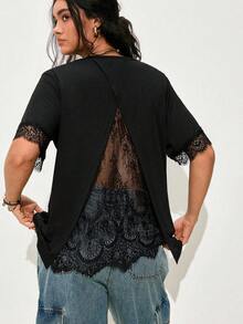 Nubod Plus Size Women's A-Line Lace Patchwork Casual Elegant T-Shirt, Romantic French Style Suitable For Office Date Night And Daily Wear, Spring/Summer - Black - View 1