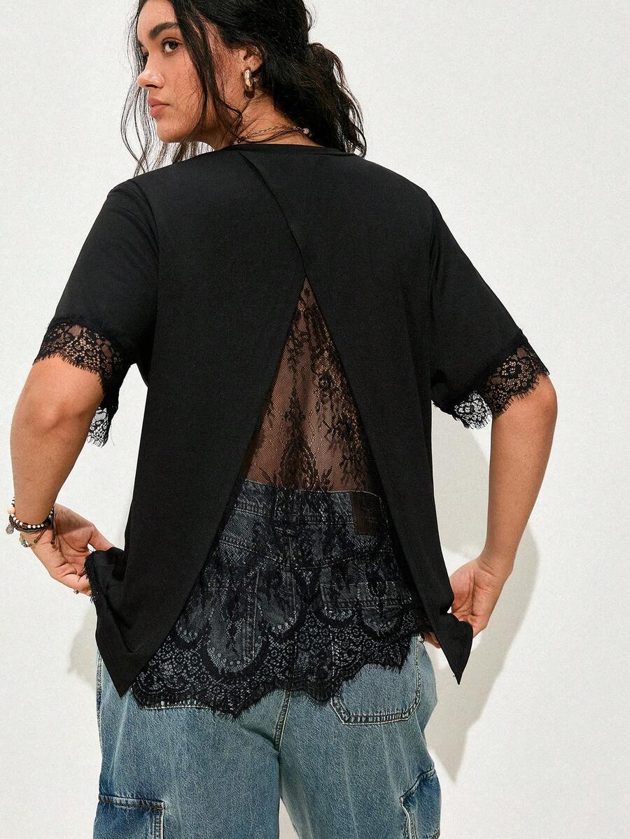 Nubod Plus Size Women's A-Line Lace Patchwork Casual Elegant T-Shirt, Romantic French Style Suitable For Office Date Night And Daily Wear, Spring/Summer - Black - View 1