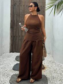 Dazy Plus Solid Color Fun Commuter Set, Mock Neck Tie Back Sleeveless Top, Long Loose Casual Maxi Skirt, Plus Size Women's Spring Summer Brown 2-Piece Set - Brown - View 4