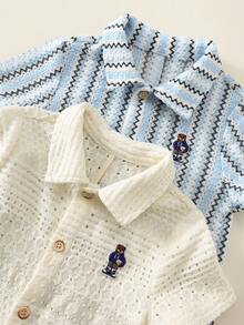 SHEIN 2pcs/Set Baby Boy Summer Cute Casual Cartoon Pattern Striped Rompers, 2pcs/Set Baby Rompers, Striped Rompers, Bear Rompers, White Rompers - Multicolor - View 2