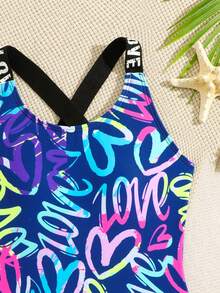 SHEIN 青少年女孩字母愛心印花連身泳衣，適合海邊度假、泳池派對、海邊派對 - 彩色 - 查看 4
