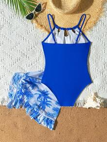 SHEIN Traje de baño de una pieza con falda y fruncido de unicolor para niña preadolescente, adecuado para vacaciones en la playa, fiesta en la piscina, fiesta en la playa - azul real - Ver 2