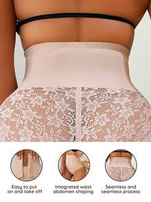 SHEIN Pantalones de control abdominal con encaje de unicolor para mujer - Albaricoque - Ver 2