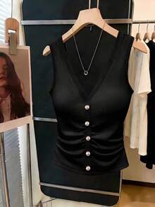 SHEIN 收腰顯瘦精緻優雅百搭通勤復古針織時尚女款背心 - 黑色 - 查看 7