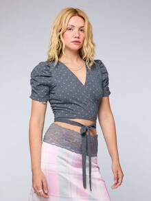 COUREZ Puff Sleeve Polka Wrap Cardigan Top Y2K French Cute Matching Summer Outfits For Women Casual Autumn Going Out Everyday Date Rave Blue Polka Dot - Grey - View 6