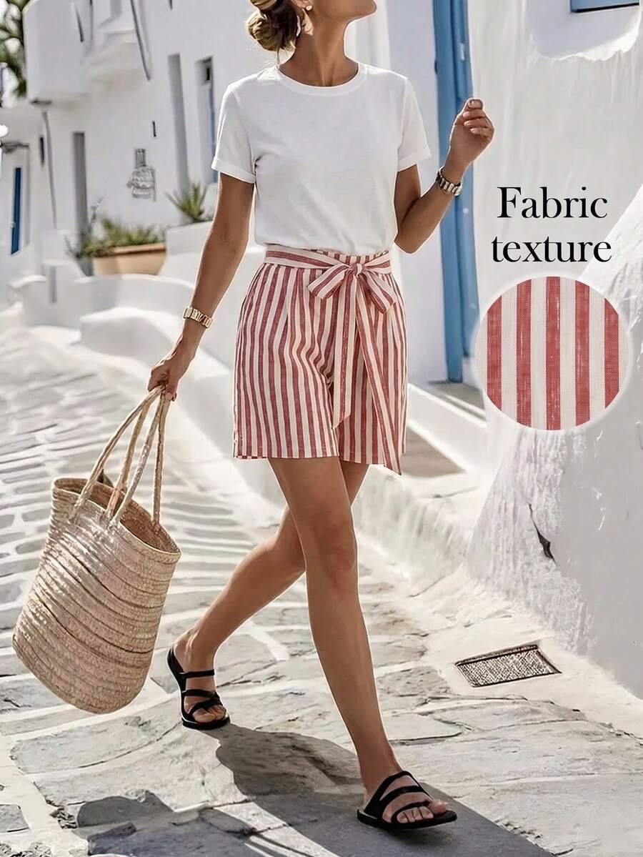 EMERY ROSE Damen lässig Gestreifte Shorts, geeignet für Frühling/Sommer Strand, Reisen und Urlaub - Rot - Übersicht 1