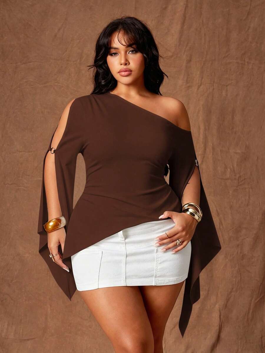 Rustia Plus Size Women's Solid Color Spicy Style One Shoulder Fashion Top Fall - Brown - View 1