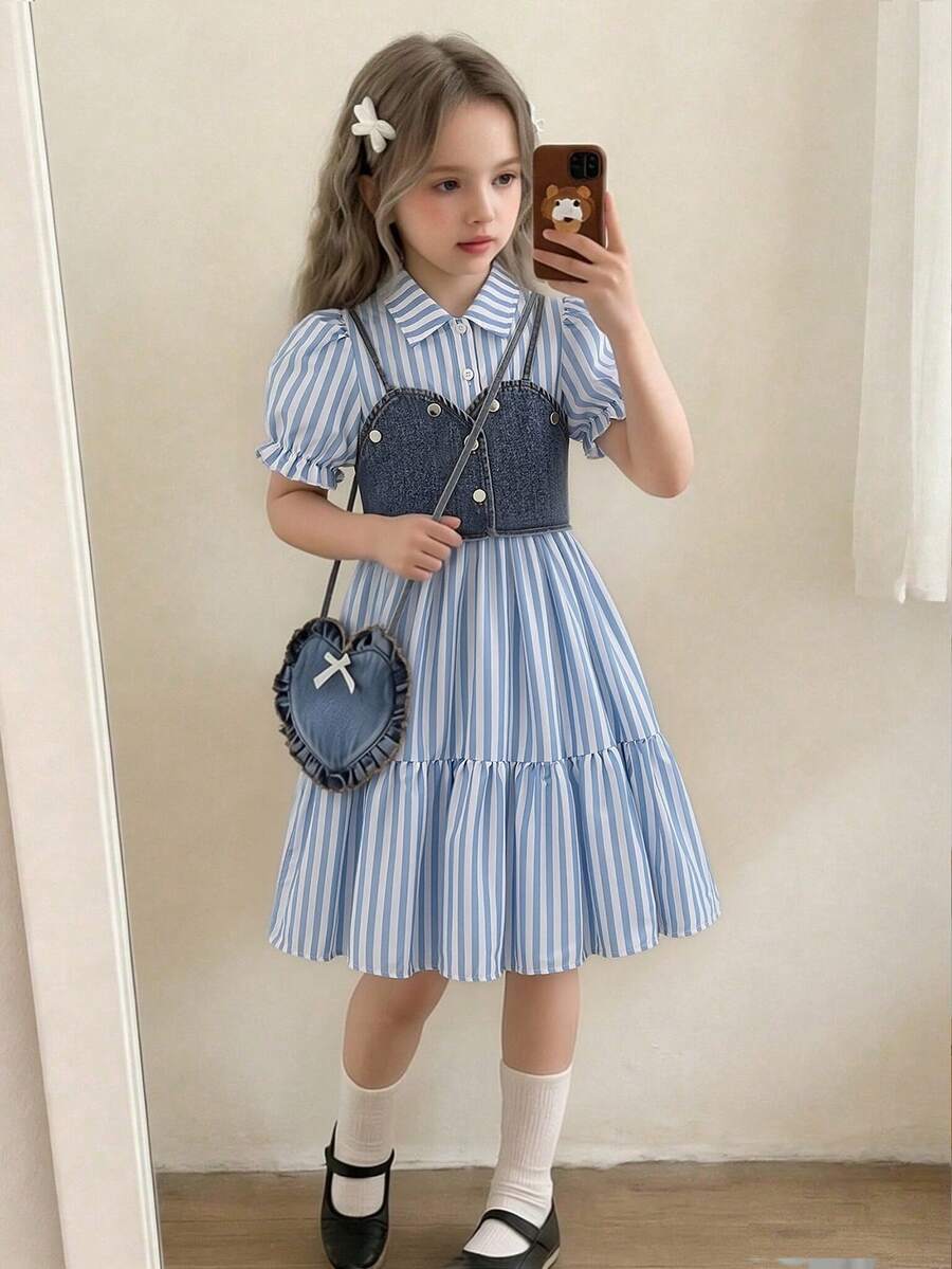 SHEIN 青少年女孩夏季新款優雅通勤風兩件套,牛仔短版吊帶背心搭配藍白條紋短袖泡泡袖疊層襯衫洋裝,附贈心形包包,適合日常、上學、派對,搭配牛仔修身吊帶背心,甜美校園風夏季兩穿套裝,領口與荷葉邊泡泡短袖增添少女感,疊層荷葉邊下擺優化身形比例 - 藍色 - 查看 1