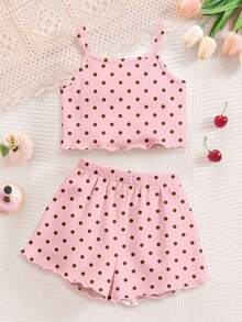 Cream Color, Young Girl Casual Simple Slim Fit Cartoon Pattern Cami Top And Shorts Set, Suitable For Summer Home Wear, Cami Set, Cami And Shorts Set, Easy Comfort - Multicolor - View 3