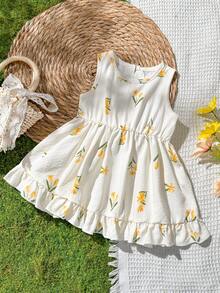 SHEIN Vintaside Kids 女嬰3個月-3歲洋裝，1件休閒可愛日常風格秋季女童套裝，棕色蝴蝶結裝飾無袖蓬蓬洋裝 - 黃色 - 查看 6