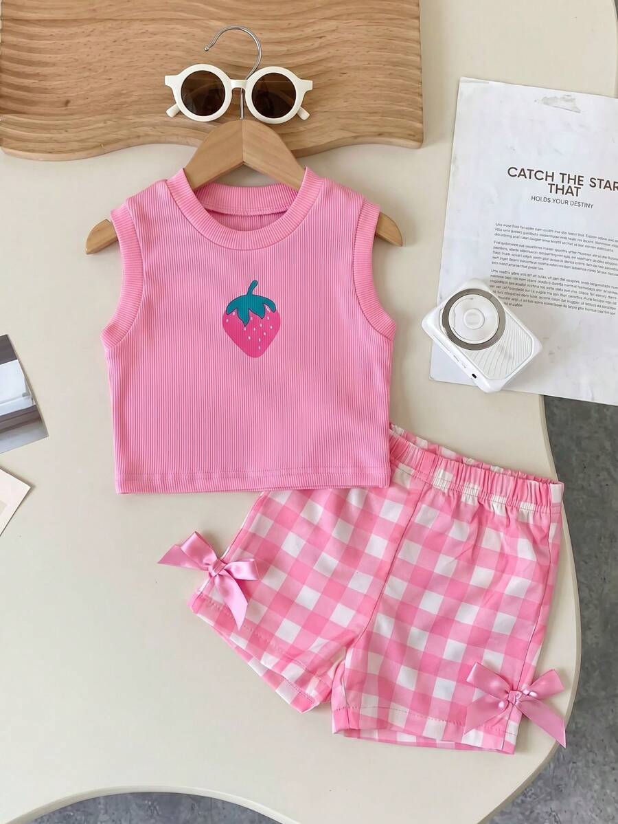 SHEIN Playful Pals 女婴夏季蓝色纹理无袖上衣和蓝色格子短裤套装，饰有蓝色蝴蝶结，日常必备单品