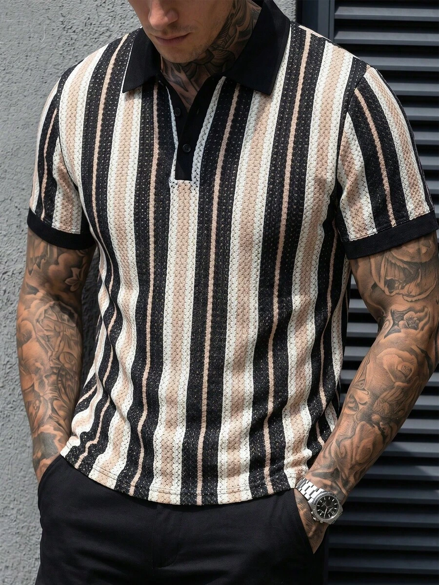 Manfinity CasualCool 男士條紋短袖通勤休閒 Polo 衫,儀式場合適用 - 彩色 - 查看 1