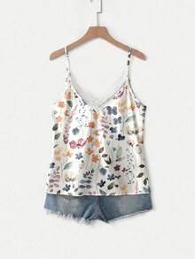 Mellowie Watercolor Floral Plus Size Women's Contrast Lace Camisole Tank Top - Multicolor - View 4
