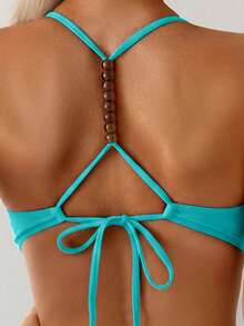 Swim Basics Summer Beach Women's Small Beaded Solid Color Hollow Out Halter One-Piece Swimsuit - Mint Blue - View 4