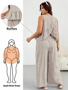 Shapeblank Plus Size Women's Plaid Ruffle Hem Sleeveless Shirt And Pants Casual Two Pieces Set - Khaki - View 1